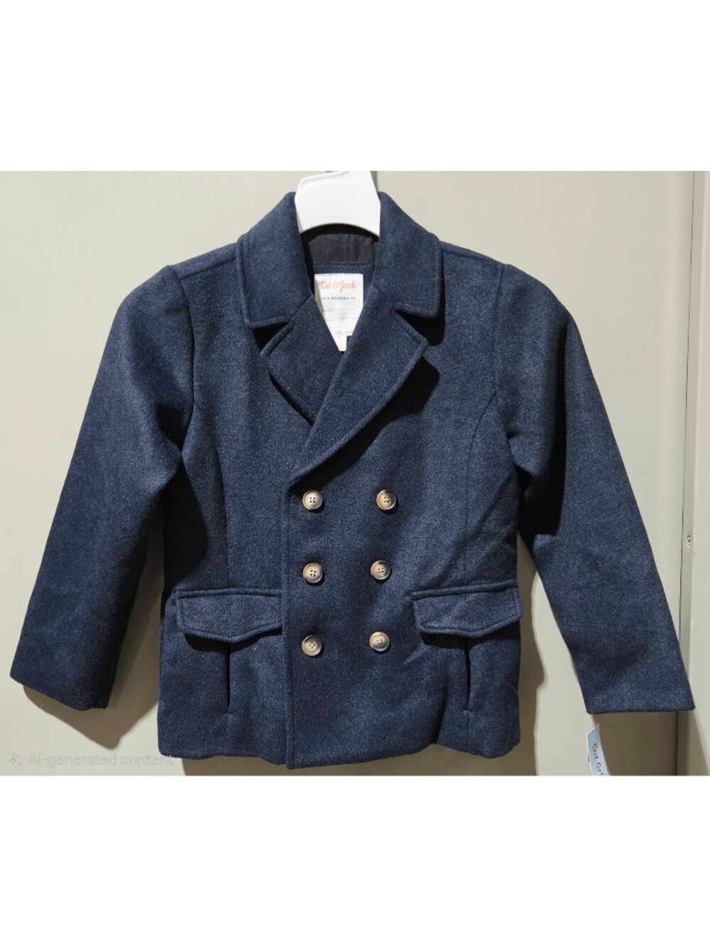Cat & Jack Navy Blue Wool Blend Button Front Pea Coat Jacket - Boys' Size XL 14